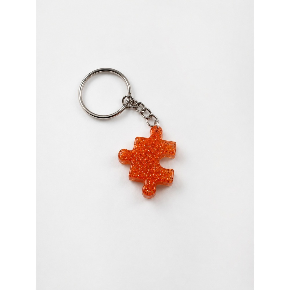 Orange Glitter Puzzle Piece Keychain Resin Charm Silver Tone Ring